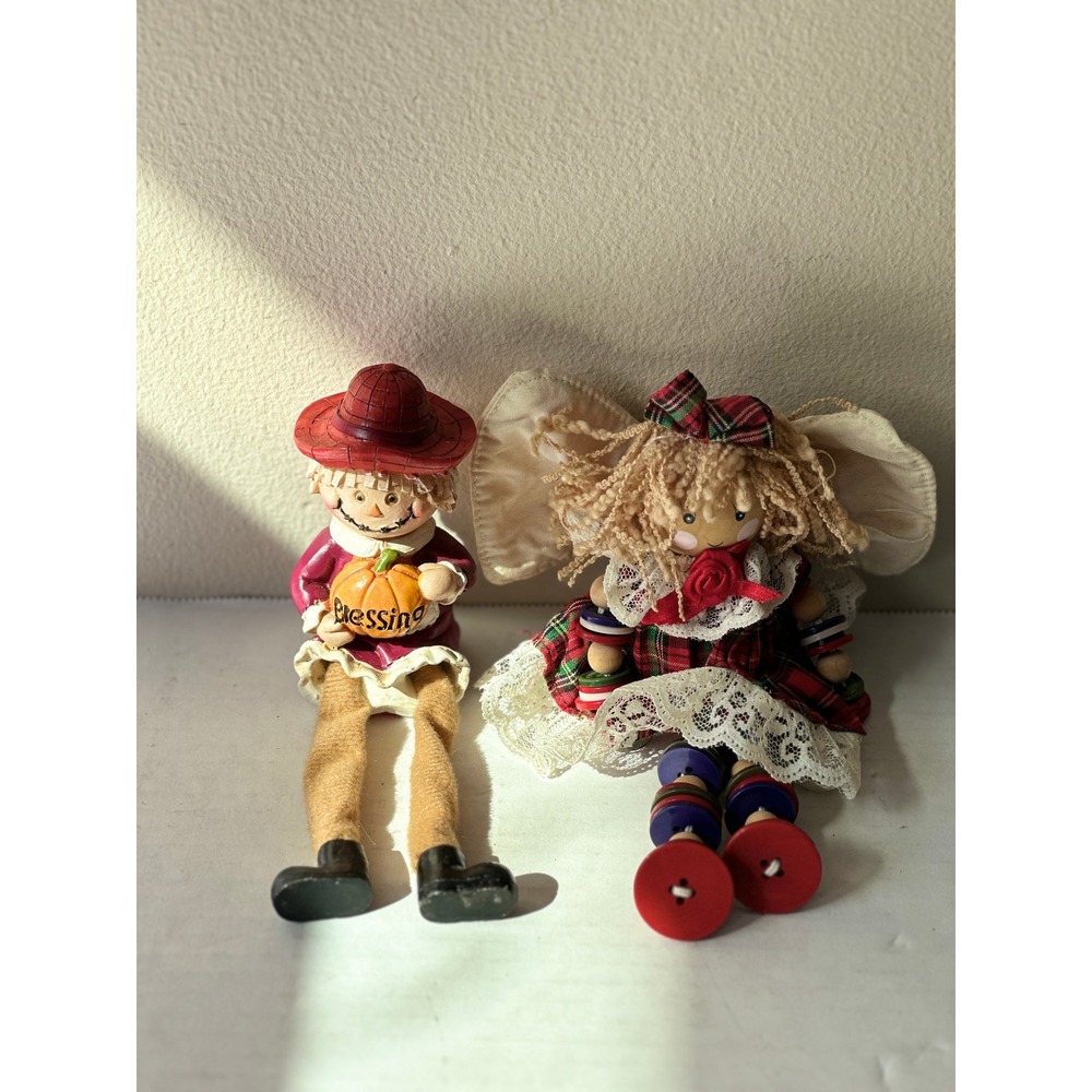 Vintage Folk Art Scarecrow Blessing Shelf Sitter & Plaid Button Leg Angel Doll